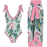 AFAVOM Women's One Piece Swimsuit with Cover up Beach Skirt Sarong Two Piece Floral Printed Monokini Swimsuit Bathing Suit