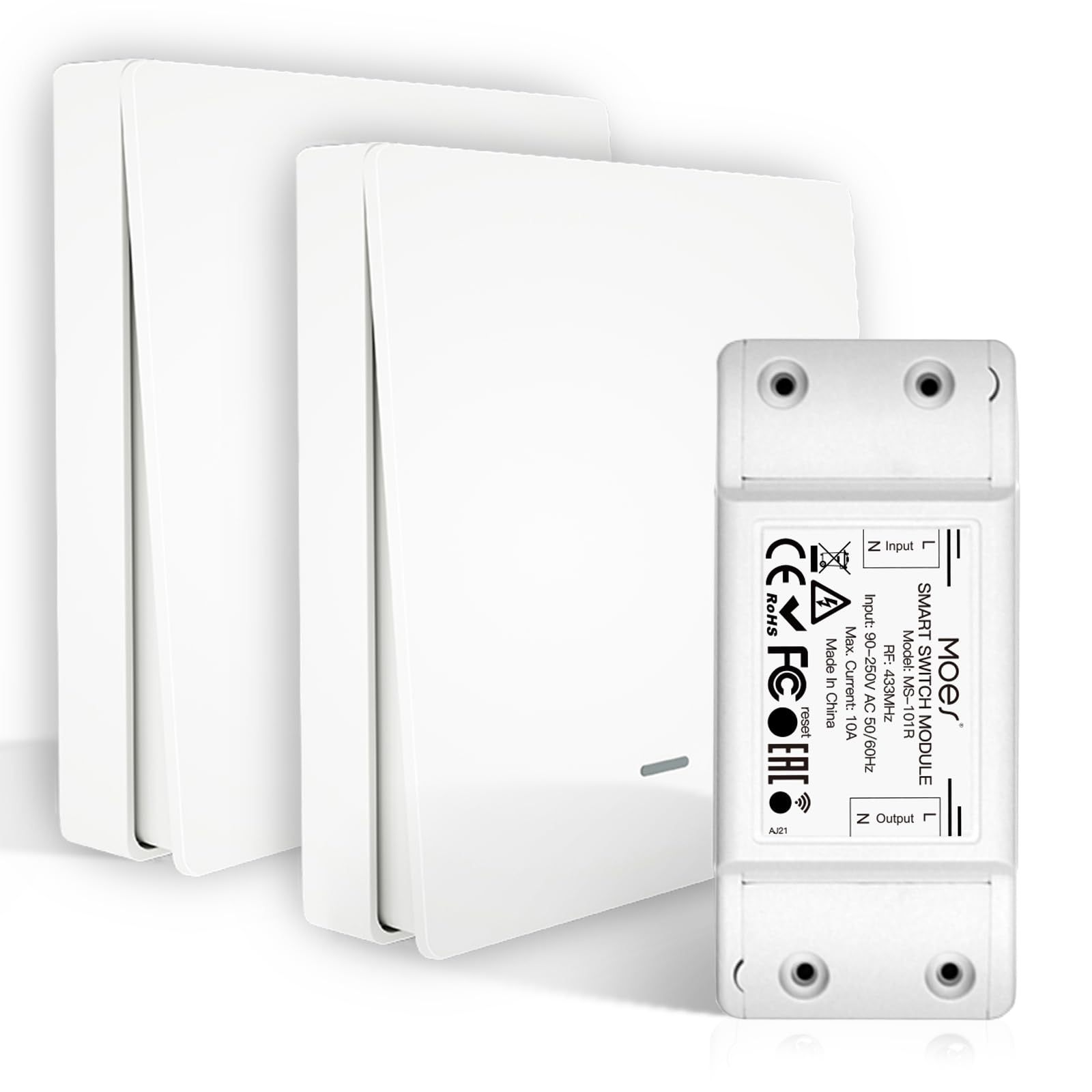 MOES RF Lights Switch Kit, No WiFi No Wiring Needed Light Switch Kit, 10A Receiver for Lamps 90-250V, (1Receiver &2 Panel)