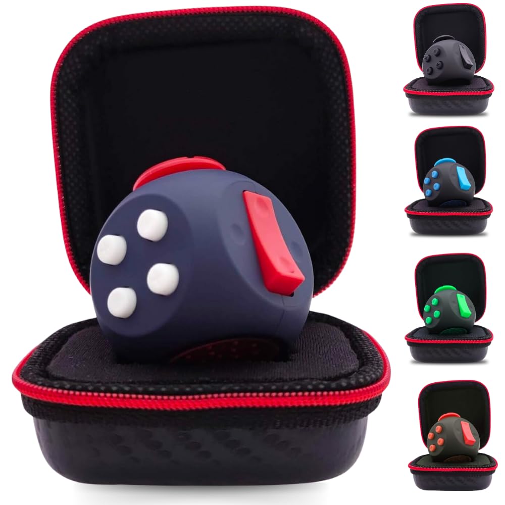 PILPOC theFube Fidget Cube - Deluxe Authentic Fidget Toys for Adults & Kids - Premium Protective Case, Stress Cube, Anxiety Toys, ADHD, OCD, Autism. Quiet Sides & Fidget Clicker Toy (Blue,White,Red)