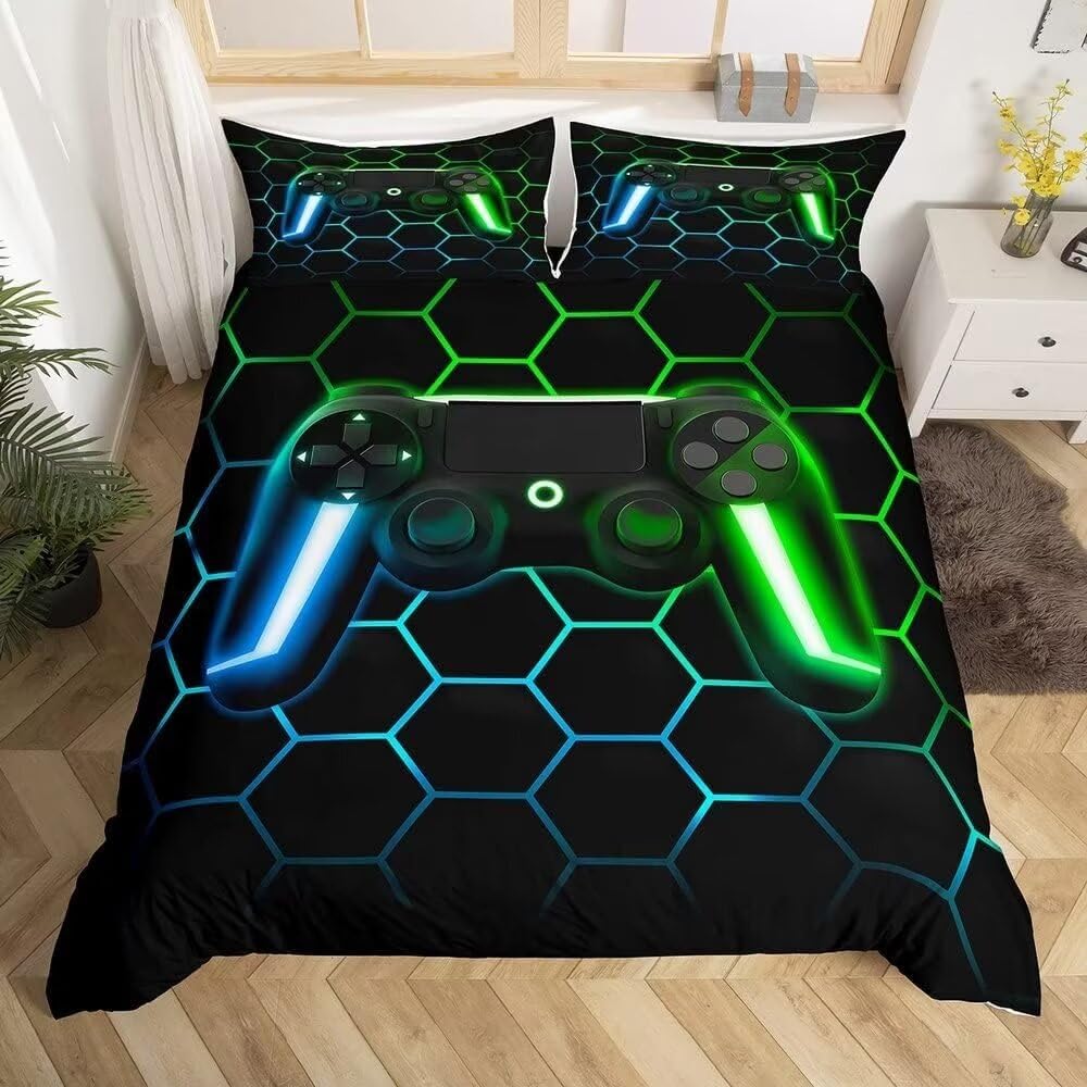 Tabeskly Boy Black Green Gaming Bedding Duvet Cover Set Single, Kids Gamepad Gamer Soft Zipper Childrens Full Bed 3 Piece Quilt Covers and Pillowcases 135×200cm