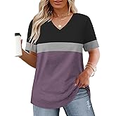 VOGRACE Womens-Plus-Size-Tops Summer Short Sleeve Casual V Neck Tunics Trendy Color Block Fashion T Shirts