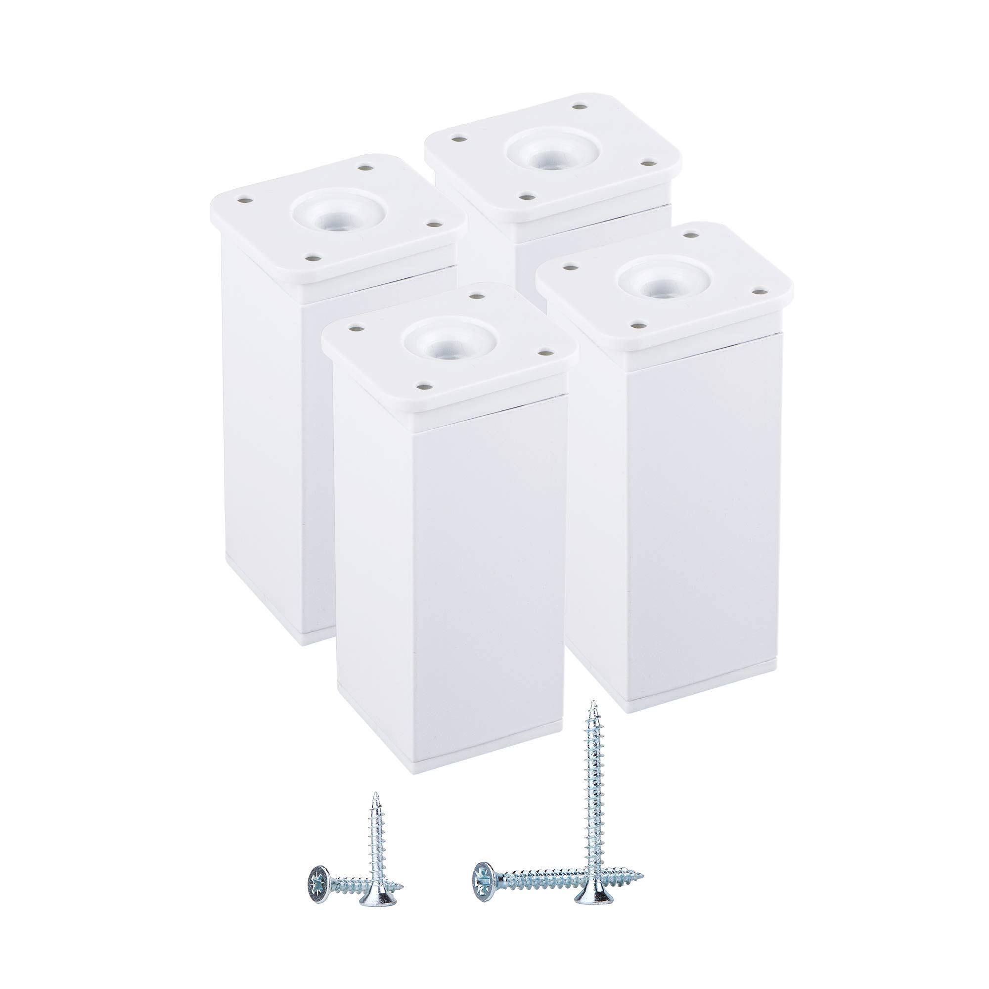 (Pack of 4 pcs) White Height Adjustable Furniture Legs Angular Profile: 40 x 40 mm, Materials: Plastic, Aluminium, Screws Included (4, 10 cm Height)