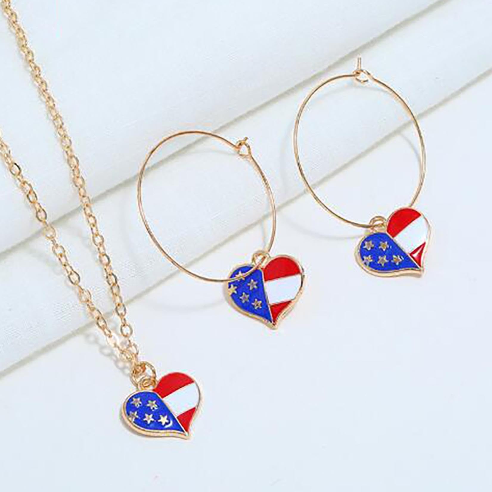 Red White Blue Patriotic Flag Necklace Earrings for Women 4th of July American Flag Pendant Necklace Independence Day Drop Dangle Earring Patriotic Jewelry Set Earrings Set Jewelry Gift