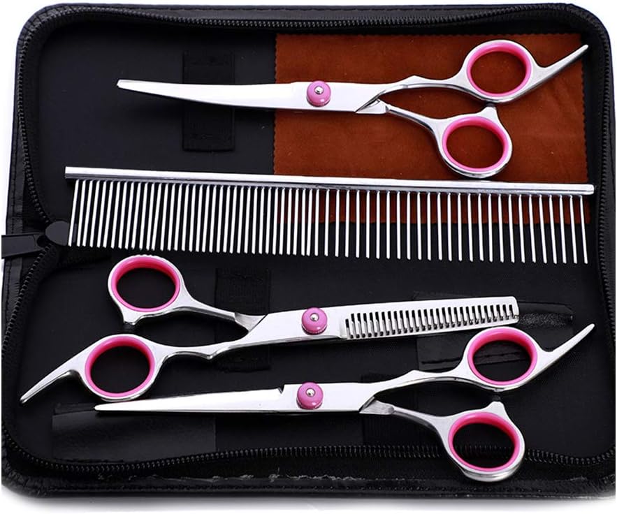 Gobesty Pet Grooming Scissors Set, 4 Pieces Stainless Steel Pet Trimmer Kit Professional Pet Trimmer Kit Hair Care for Dog or Cat With Cutting Scissors, Thinning Shear, Curved Scissors, Grooming Comb