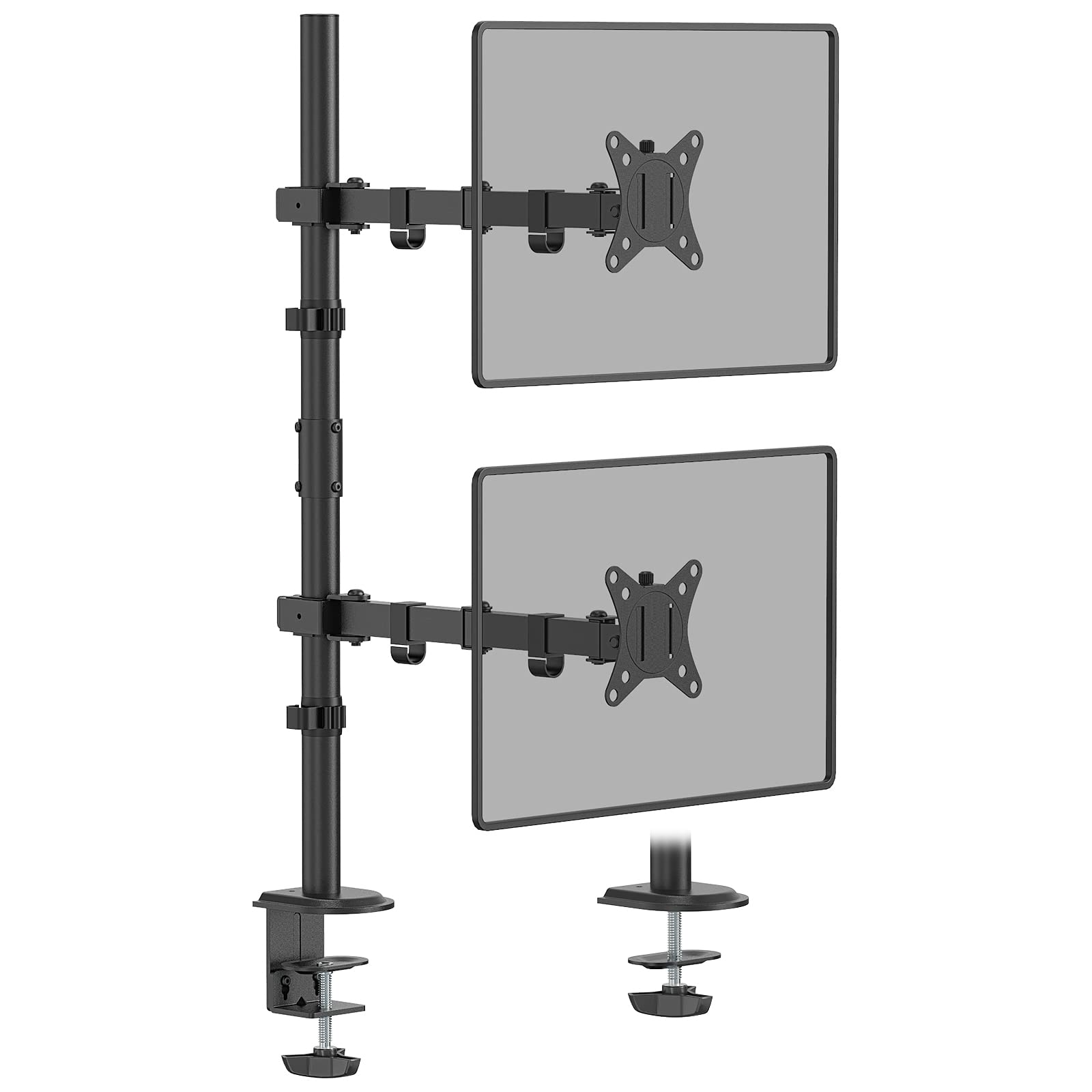 WORLDLIFT Dual monitor Vertical Stacked Desk Mount stand Fits 2 Screens up to 32 inches VESA compatible 75 100 Adjustable Arm Extra Tall Stand-up Pole Grommet C-Clamp Bases Space saving Black