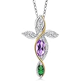 Cross Necklace For Women In 925 Silver and 10K Yellow Gold with Amethyst and Lab Grown Diamond and Nano Emerald | 1.23 Cttw | Jesus Christian Religious Crucifix | Marquise 8X4MM | With 18 Inch Chain