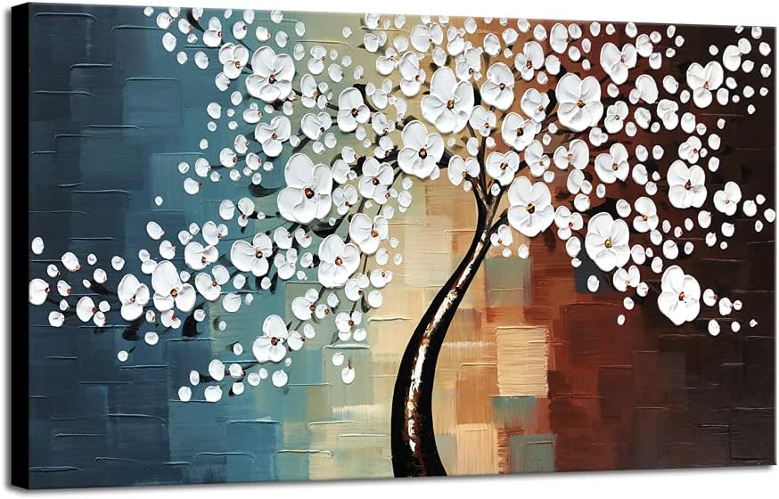 Paintings - Wieco Art Blooming life Extra Large Abstract Floral Oil Paintings on Canvas Wall Art for Living Room Bedroom Home Decorations Modern 100% Hand Painted Gallery Wrapped White Flowers Artwork 48 x 24