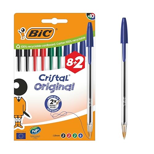Bic Cristal Original Ballpoint Pens Medium Tip (1 mm) – Assorted Colours, Box of 10