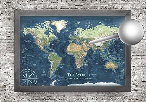 Voyager 1 World Pin Map with Elevation and Terrain with Aged Edge Effects, Framed Wall Map or Pin Map, Modern World Map | Personalized Map, includes 100 map pins.