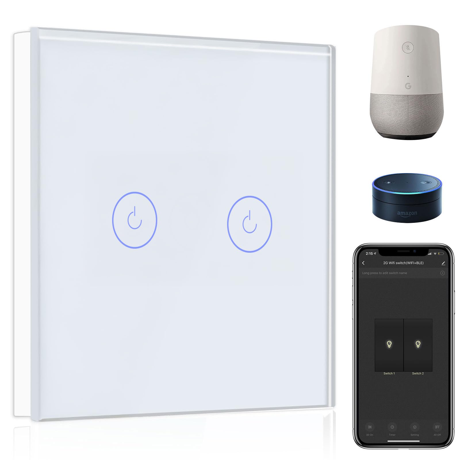 BSEED Smart Light Switch,Compatible with Alexa and Google Home,2 Gang 1 Way WiFi Touch Switch,2 Way or Multi-Way Control by SmartLife APP,White Alexa Switch with LED Indicator Light-Neutral Wire Need
