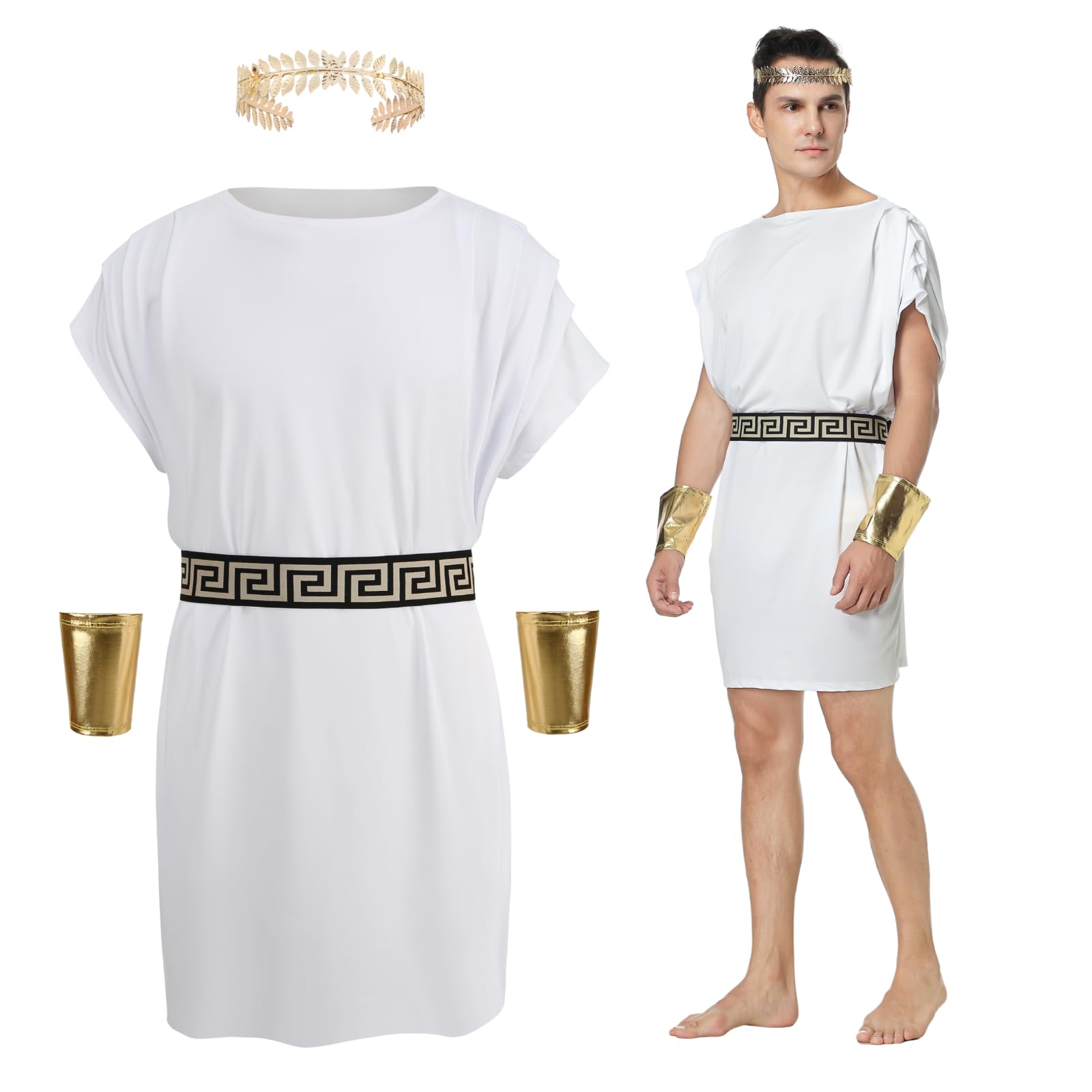 maxToonrain Men Ancient Greek God Costume Adult Toga Outfit Tunic Set Zeus Poseidon Archimedes Caesar Mythology Role Playing Fancy Dress for Halloween Christmas Larp World Book Day (4Pcs White, L) — image 1
