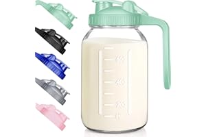 Wide Mouth Mason Jars 32 oz with Pour Spout Lids, SNGKMSYG 1 Quart Glass Pitcher with Lid, Double Leak Proof Breast Milk Pitcher for Fridge, Coffee, Water, Iced Tea (Green, 32oz, 1 Pack)