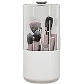 Zufudo Makeup Brush Holder with Dustproof Cover, Clear 360 Rotating Make Up Brushes Organizer for Counter Vanity Bathroom, White