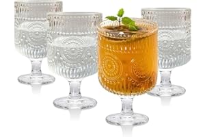 Vintage Goblet Glasses of 4, 8 OZ Embossed Floral Wine Glass Cups Set, Romantic Cocktail Wine Glasses, Mixed Drink Glasses, G
