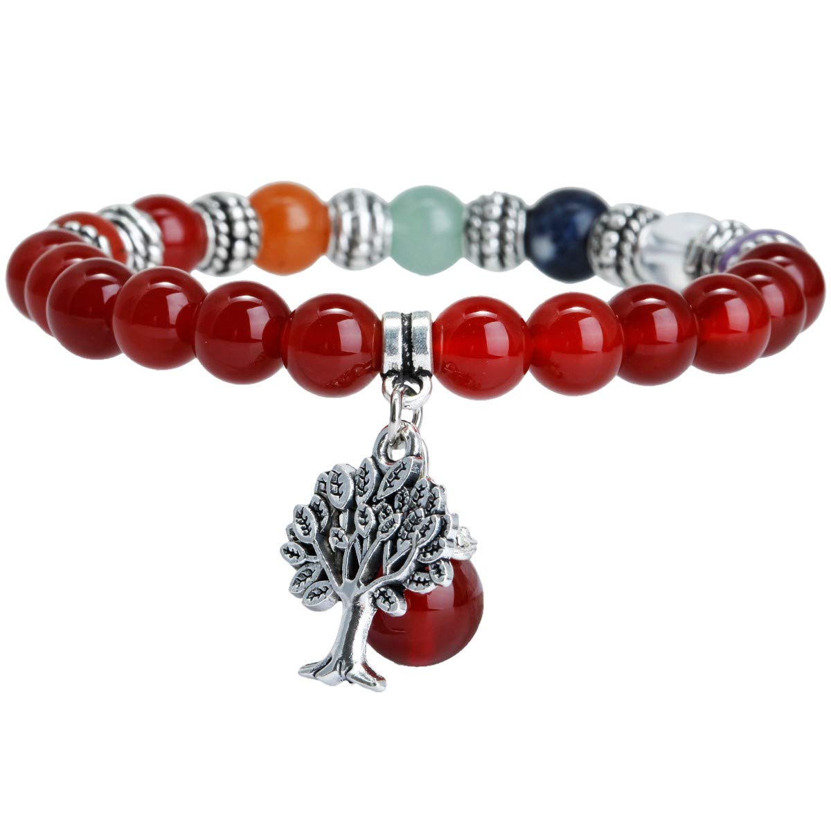 mookaitedecor Natural Orange Carnelian Crystal Semi Precious Gemstone Stretch Bracelet with Tree of Life, Healing Crystal Chakra Stone Beads Bracelet Colourful Good Luck Jewellery Gift for Women