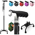 BeneCane Quad Cane Walking Cane with Two Led Lights with Big Base T Handle＆Lightweight Adjustable Walking Stick Four Pronged Sturdy for Men and Women