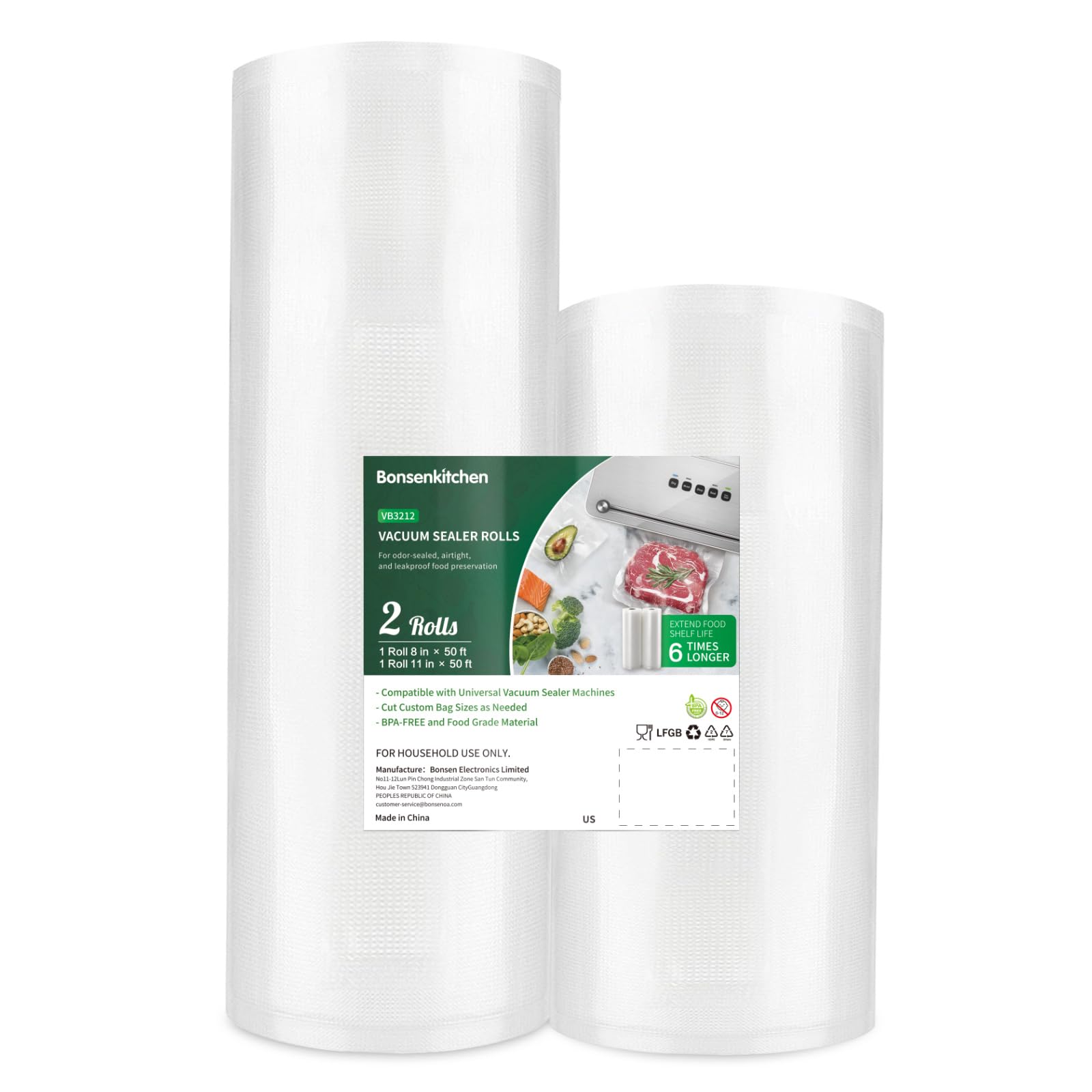 Photo 1 of Bonsenkitchen Vacuum Food Sealer Rolls Bags, 8" x 50' & 11" x 50' Commercial Grade BPA Free Bag Rolls, Durable Customized Size Food Vac Bags for Storage and Sous Vide Cooking VB3212