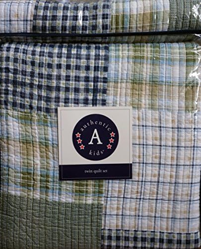 Authentic Kids 2 Piece Twin Quilt Set Shams Green Blue White Patchwork Plaid Pattern