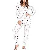 iTranyee Women Bodycon Pajama Jumpsuit V Neck Heart Print Onesie Pajama Sexy One Piece Button Down Valentines Bodysuit