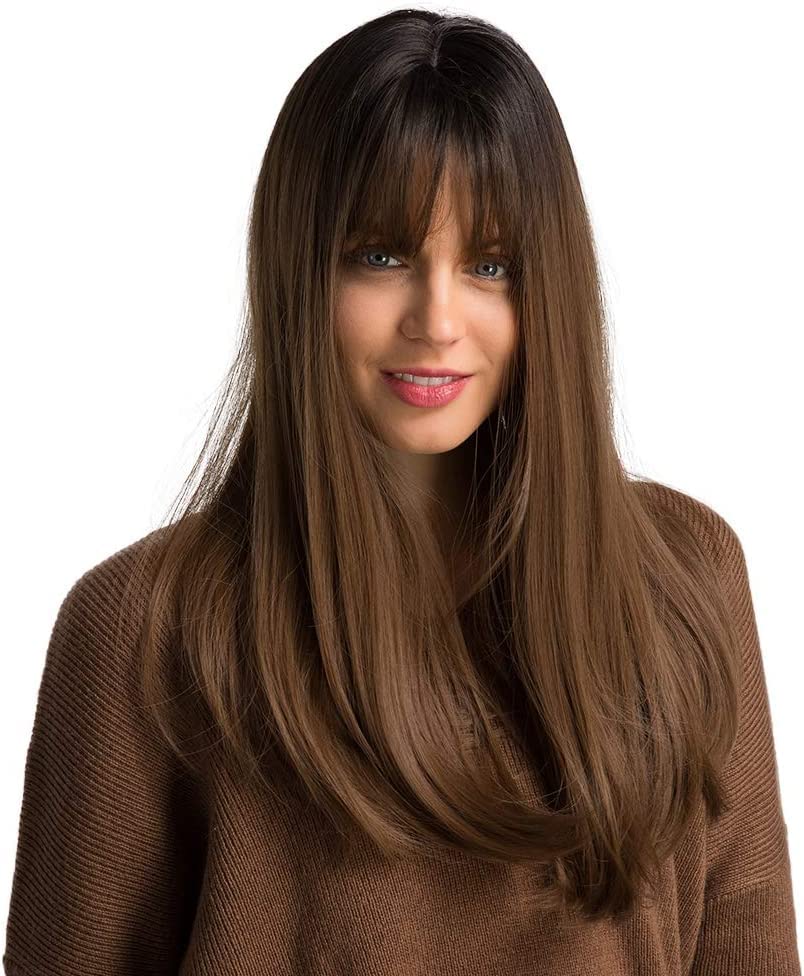 Esmee 20"Long Brown Synthetic Wigs with Bangs High Density Natural Straight Headline Heat Permanent Hair Wigs for Women