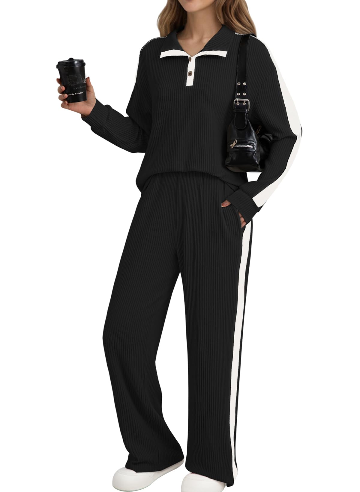 Photo 1 of ***MISSING TOP*** Pink Queen Women's Sweatsuits V Neck Button Down Long Sleeve Pullover Tops Wide Leg Matching Sets Black S