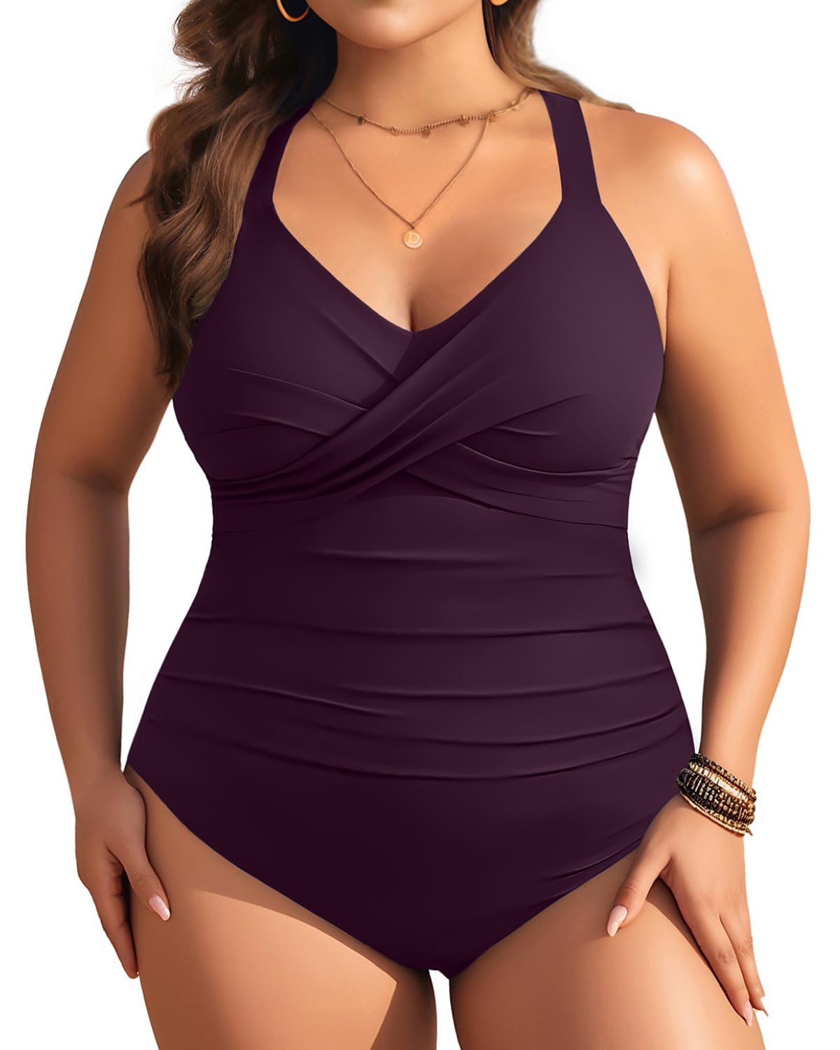 Photo 1 of Plus Size One Piece Swimsuit - Women's Tummy Control Bathing Suit Retro Full Coverage Swimwear 2025 Purple 20W