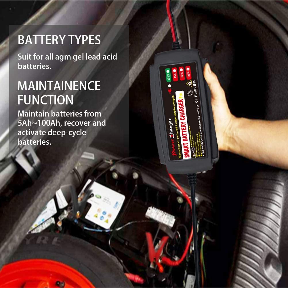 12V 5A Smart Car Battery Charger, Automatic Portable Battery Maintainer and Trickle Charger Fast Charging for Motorcycle Truck Marine Boat Lawn Mower SUV ATV RV SLA AGM GEL WET and More (black): Automotive