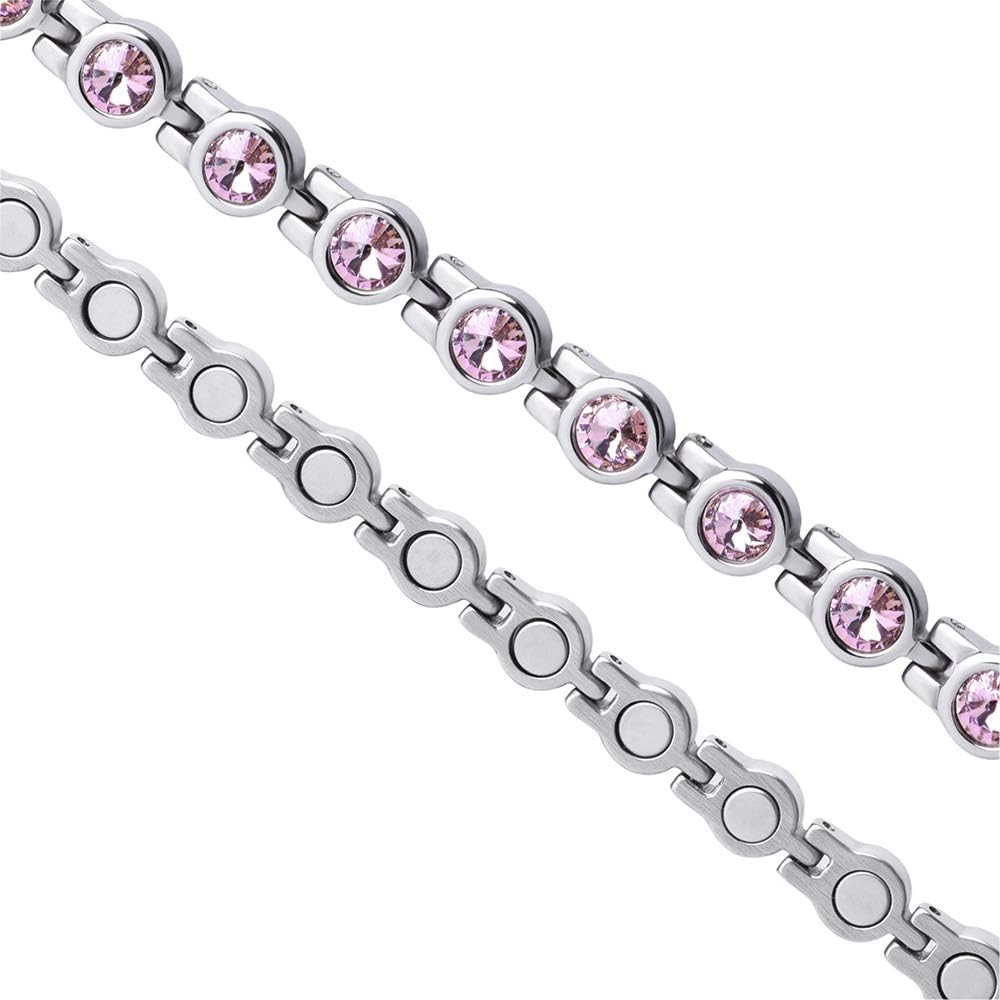 JEROOT Women’s Magnetic Bracelet, Pink Crystals, Stainless Steel, 3500 Gauss, 8.27 Inches, Tennis Chain, Lobster Claw Clasp - Image 3