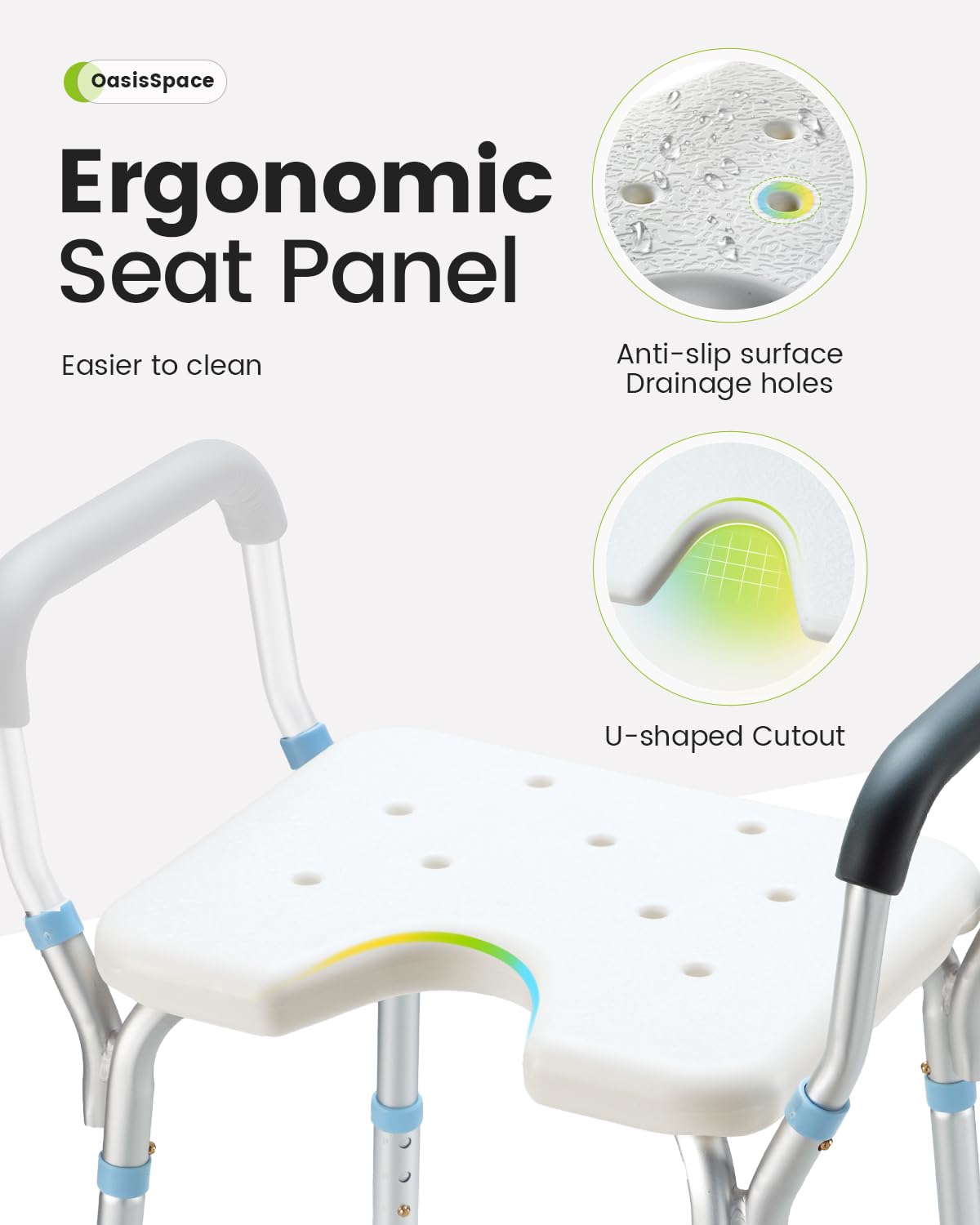 OasisSpace Adjustable Shower Chair with Arms for Inside Shower, Heavy Duty Shower Bench with Cutout Seat 300lbs, Medical Tool Free Bathtub Stool for Seniors, Elderly, Handicap, Disabled
