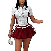 longlugoo Women's Sport Skirt Set 2 Piece Lace Combo Top & Bubble Mini Skirt Set Sexy Short Sleeve Bodycon Y2k Party Club