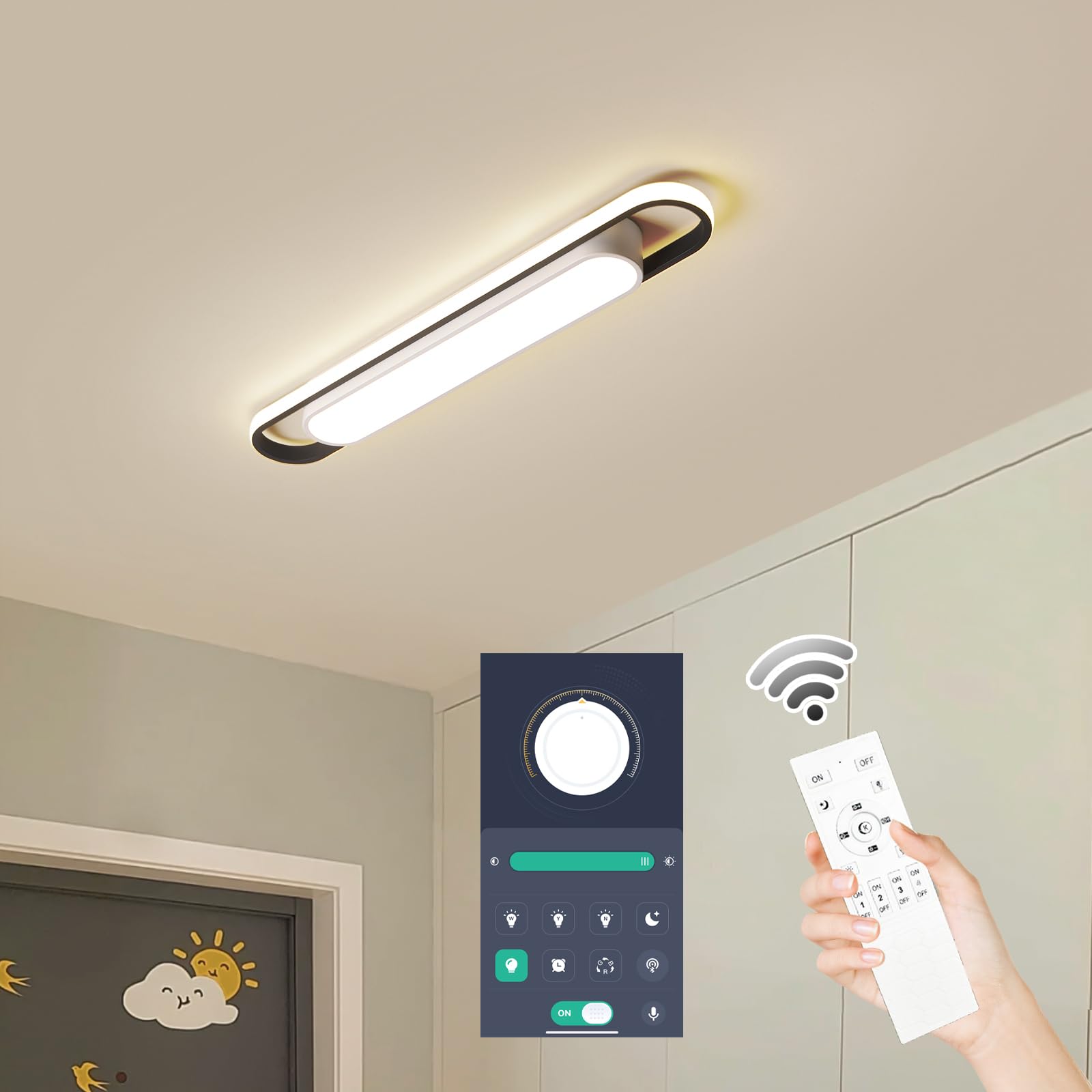 Modern LED Smart Ceiling Light, 72cm Flush Mount Linear Metal Ceiling Lamp, (5-40)x2W Dimmable for Living Room, Bedroom, Dining Room, Office, Hallway, Closet, Aisle
