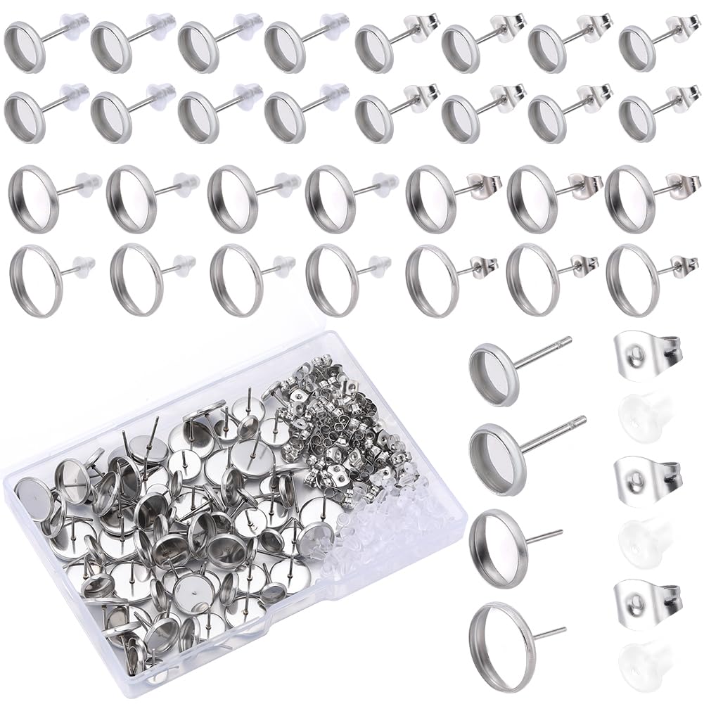 SOFPLATE 1 Box 80Pcs Cabochon Stud Earring Blanks Stud Earring Bezel Blanks Stainless Steel hypoallergenic Round Flat Ear Stud with Ear Nut Silver Earring Posts for Jewellery Making Supplies DIY Craft