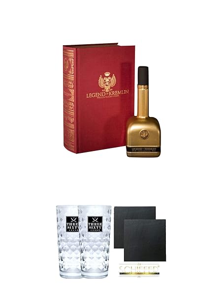 Legend Of Kremlin Wodka 0,7 Liter in Bibel (rot) + Three Sixty Vodka Gläser 2 Stück + Schiefer Glasuntersetzer eckig ca. 9,5 