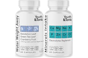 Youth & Tonic Water Weight Away Pills for Thin Waistline, Belly Bloating, Swelling & Temporary Water Retention + Minerals Intake Electrolytes Replenish – Natural Diuretic for Women & Men, 120 Capsules