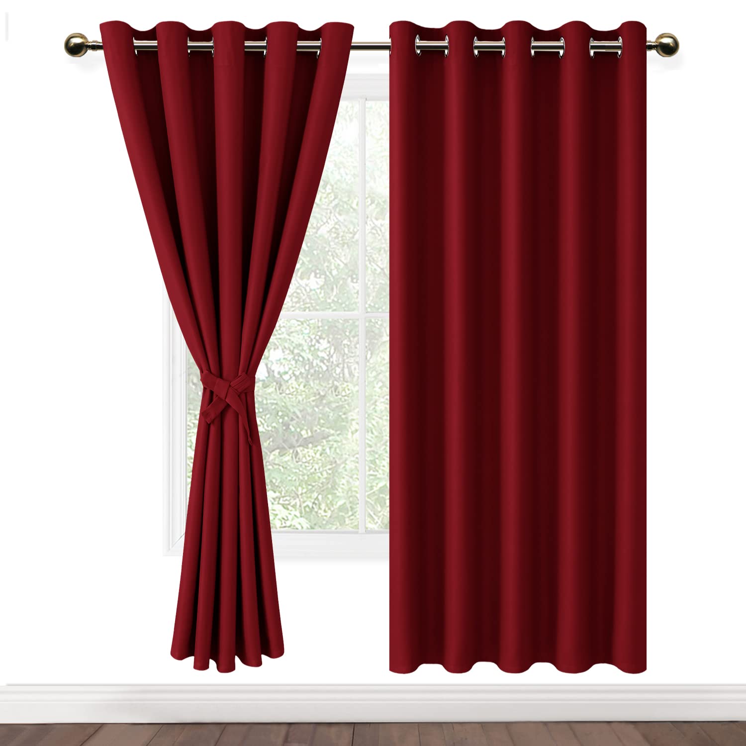 DWCN Red Blackout Curtains with Tiebacks for Bedroom Thermal Insulated Solid Eyelet Curtains for Living Room,2 Panels,66" Wide x 54" Drop