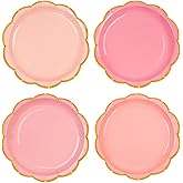 48 Pcs Pink Scalloped Paper Plates,7 Inch Gradient Pink Dessert Party Plates with Gold Foil Disposable Cake Plate Decorative Dinner Serving Plate for Birthday Wedding Graduation Party Supplies