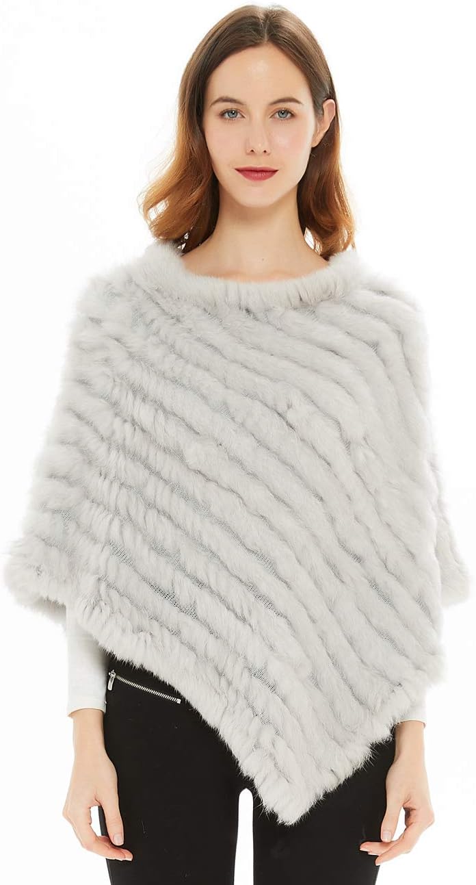Ferand Women's Knitted Genuine Rabbit Fur Cape Poncho for Winter