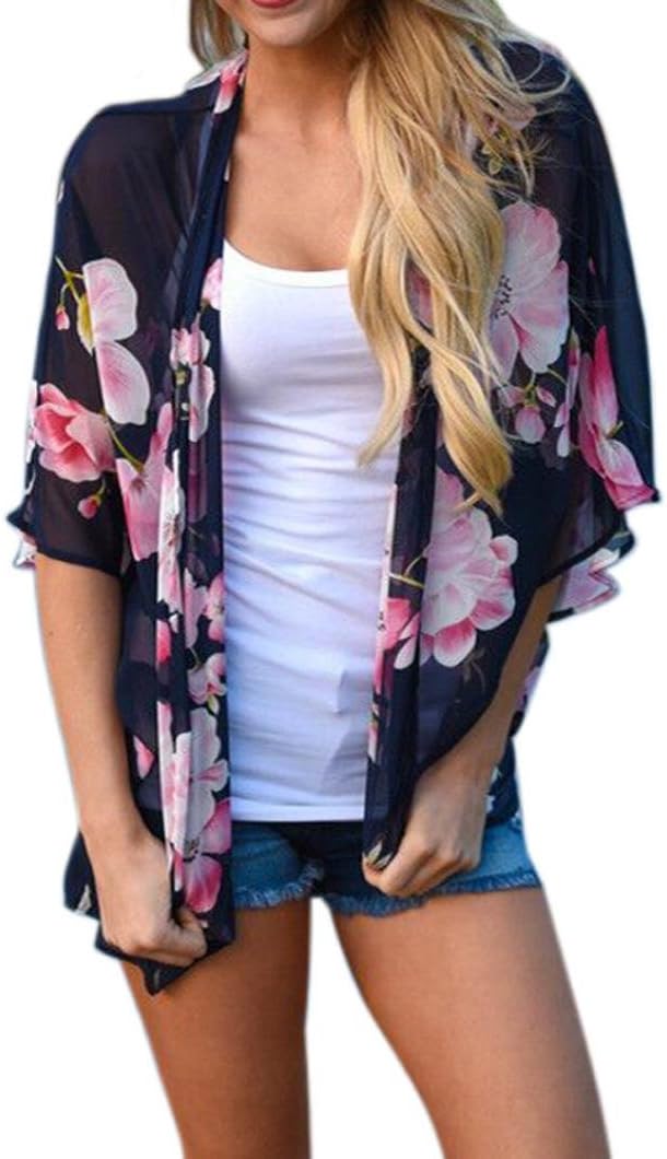 Bluester Women Loose Chiffon Floral Printed Shawl Kimono Cardigan Top/Beach Cover Blouse