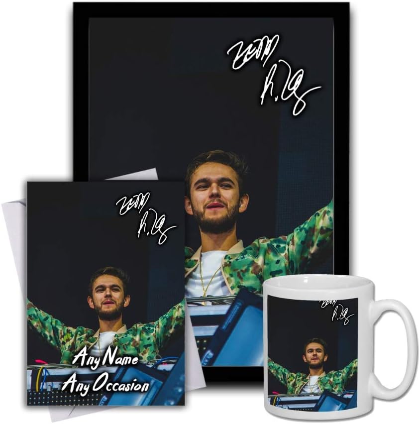 Star Prints UK Zedd (V1) Gift Set Bundle 2019 - Large 11cm Mug, A4 Framed Poster and Matching Birthday or Christmas Card (Personalised Card)