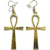 Egyptian Ankh Earrings goldtone golden ansate cross pendants on Ear Wire Hooks