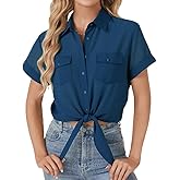 SRHJOPNFR Womens Button Down Shirt Fashion Tie Front Knot Short Sleeve Tops Casual Business Blouse