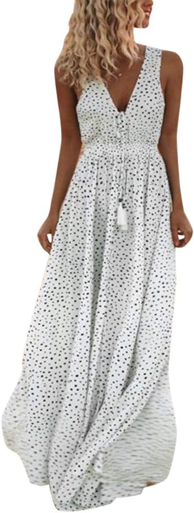 Woman Dress Jaminy Women Summer Sleeveless Dot Print Tassels Deep V Neck Long Beach Maxi Dress