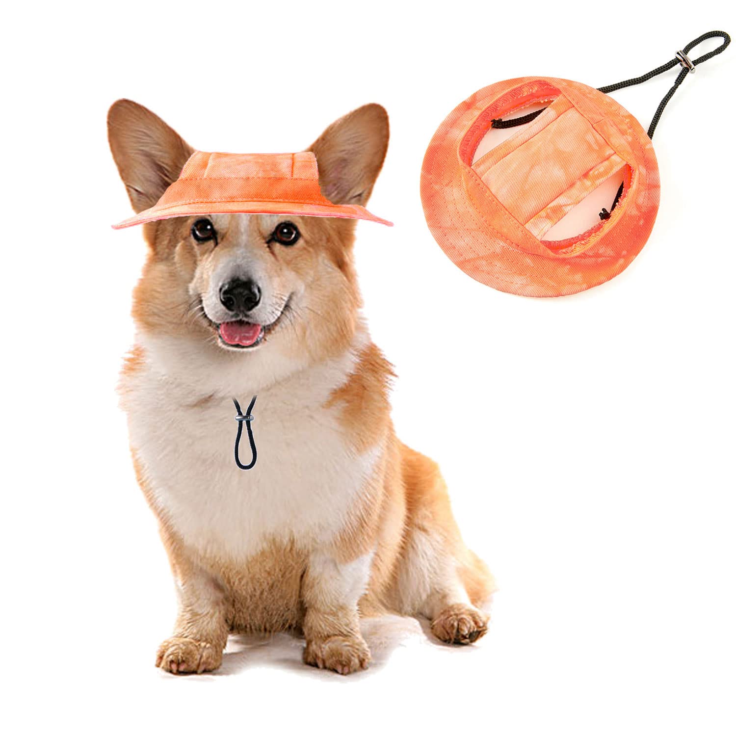Pet Bucket Hats, Dog Round Cap With Ear Hole,Adjustable Outdoor Travel Sun Protection Sport Hat For Cat Small Medium Dogs_L(Orange)