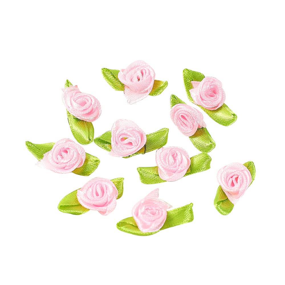 Pack of 200 mini Artificial Flowers Rose Heads,Bows Roses with Leaf,Rose Flower Heads Flower Heads for Crafts,Flower Appliquations,Confetti Decoration for DIY Crafts,Garland Scrapbooking,Light Pink