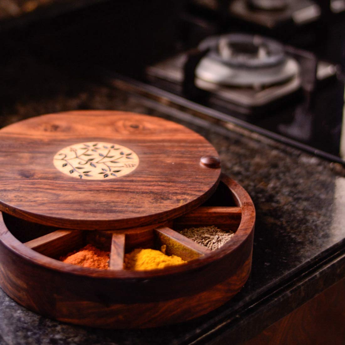 ExclusiveLane Wooden Spice Box Set for Kitchen with Floral Burnt Design