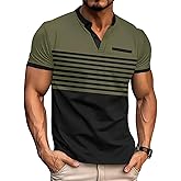 QOSOQ Mens T-Shirts Short Sleeve Button Casual Stylish Basic Tees Work Striped Shirts Henley Summer Lightweight Stretch Top