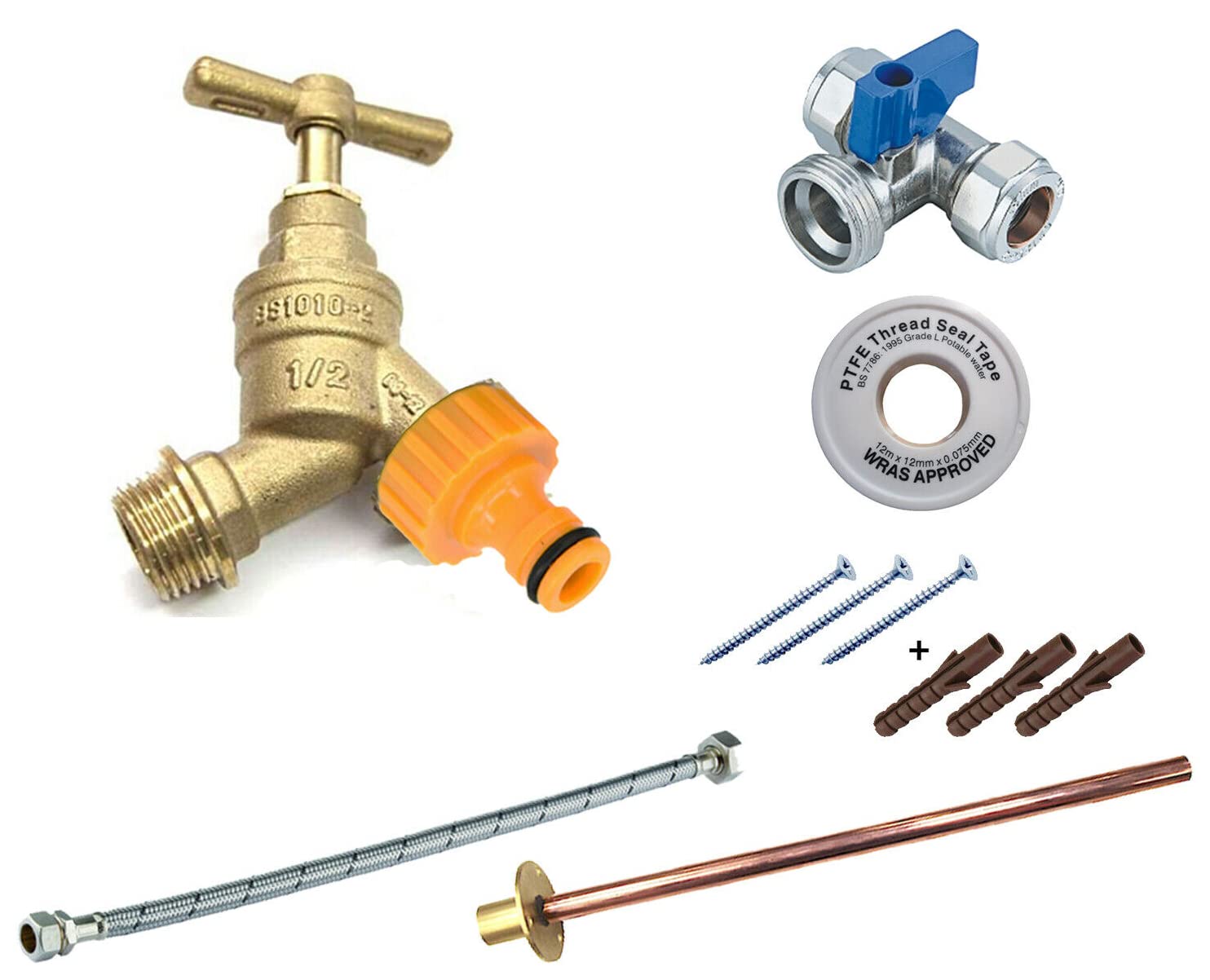 Pipestation® Complete Outside Tap Kit Garden Hose Fitting Set Tap + Wallplate Tube + PTFE + Connector +Flex+ Isolator Full kit