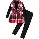 LFIYSWYD Kid Girls Clothes 3 Piece Outfits Plaid Flannel Belted Vest & Long Sleeve Top and Pants- Fall Clothing Sets