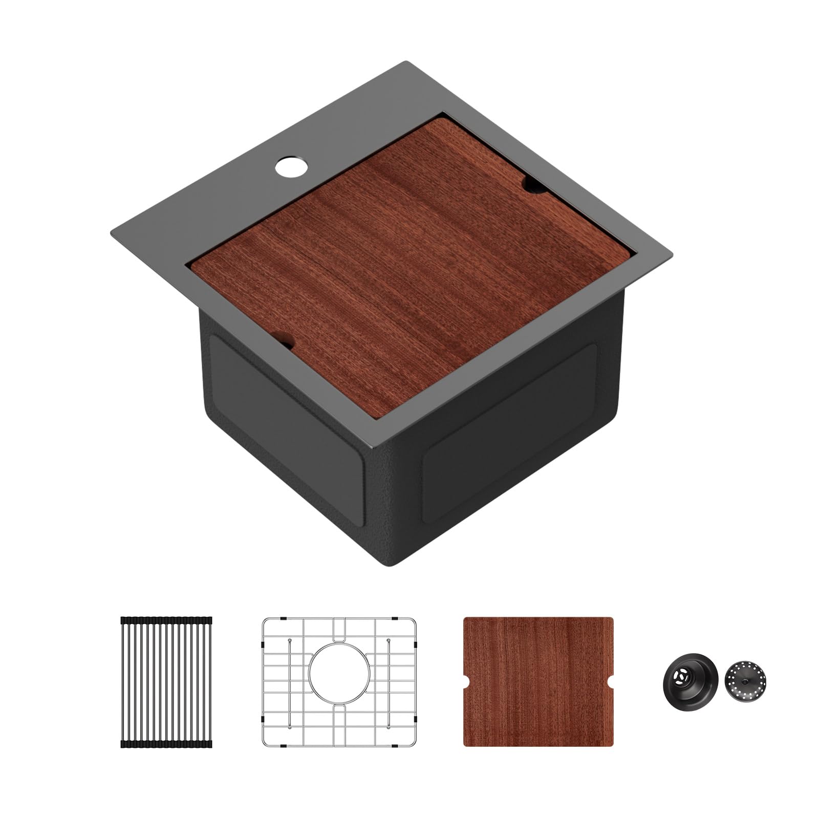 Sarlai Drop Bar Sink -15 Inch Black Outdoor Kitchen Sink Gunmetal Black Drop In Workstation 15 x 15 Topmount Stainless Steel 16 Gauge Single Bowl Kitchen Bar Prep RV Outdoor Sinks Basin Image