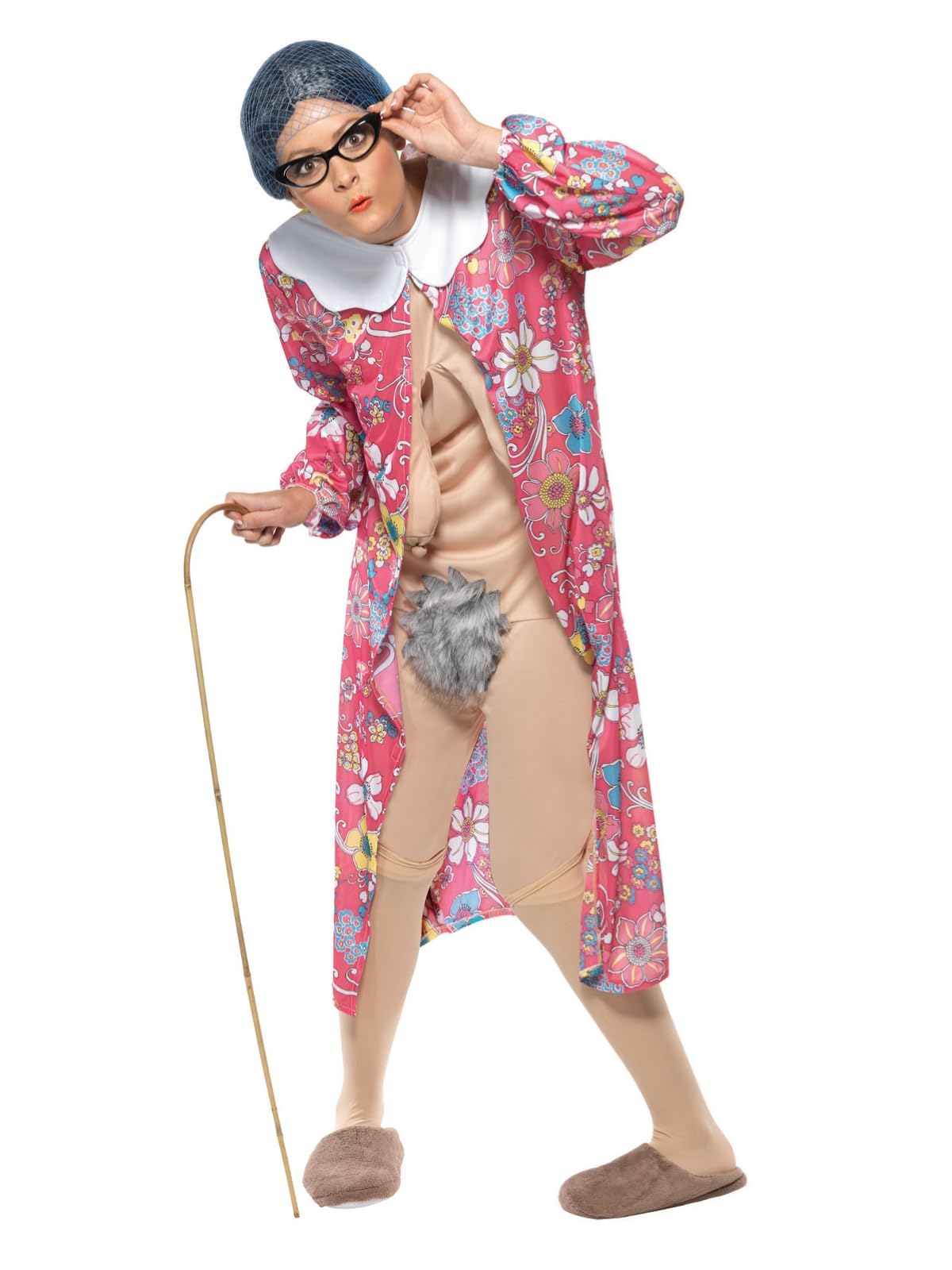 Smiffys Gravity Granny Costume, Patterned with Dressing Gown & Bodysuit, Funny Fancy Dress, Comedy Dress Up Costumes